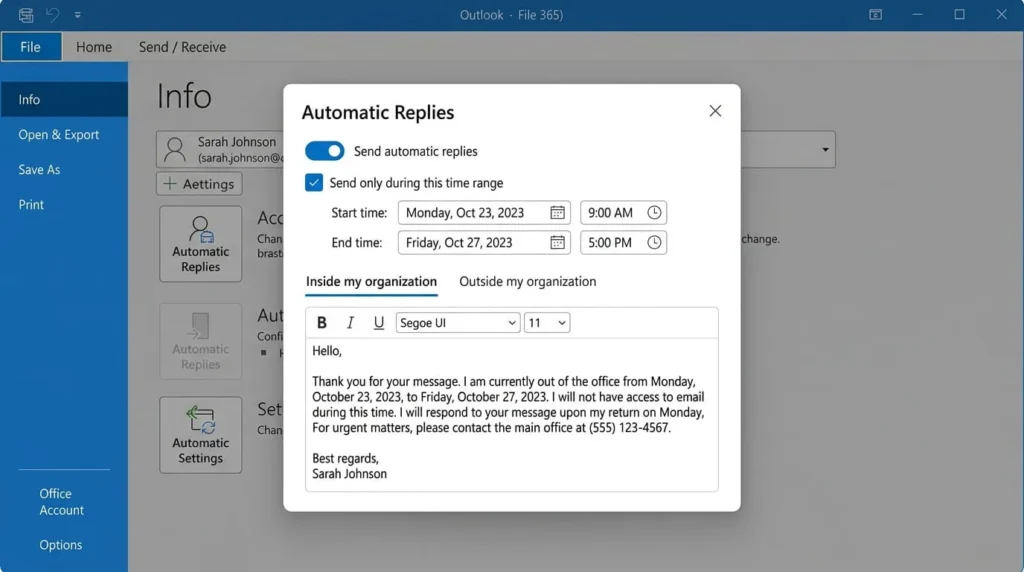 Outlook desktop Automatic Replies dialog box used to set an out of office message in Outlook