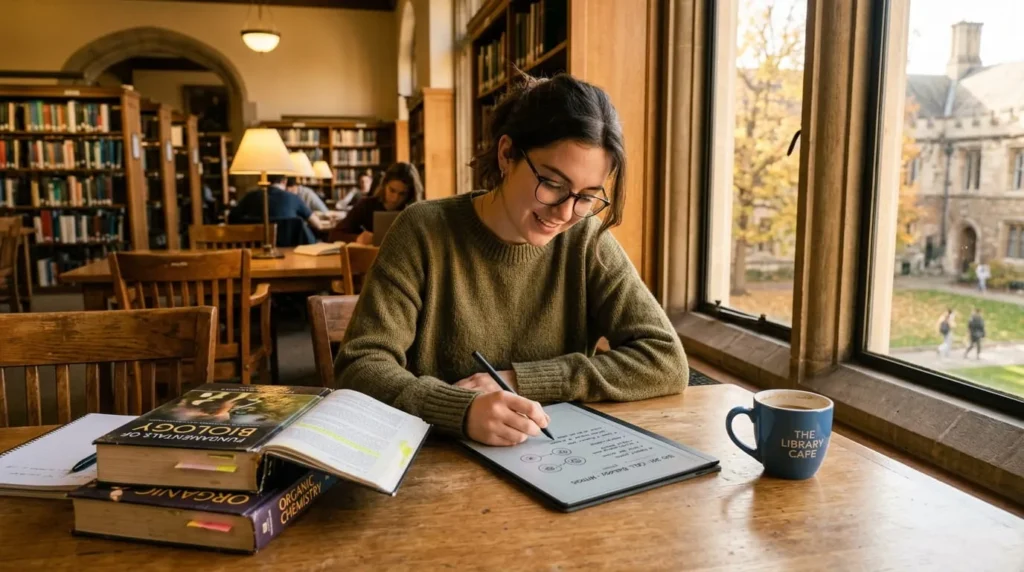 Student writing lecture notes on a digital notebook e-ink tablet at a desk