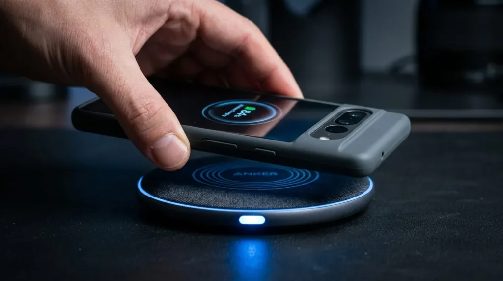 Smartphone with a case placed on one of the best wireless chargers to test charging speed