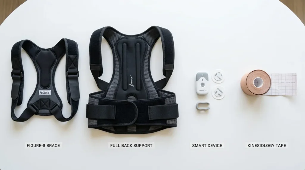 Four types of the best posture correctors including brace, harness, smart device, and tape