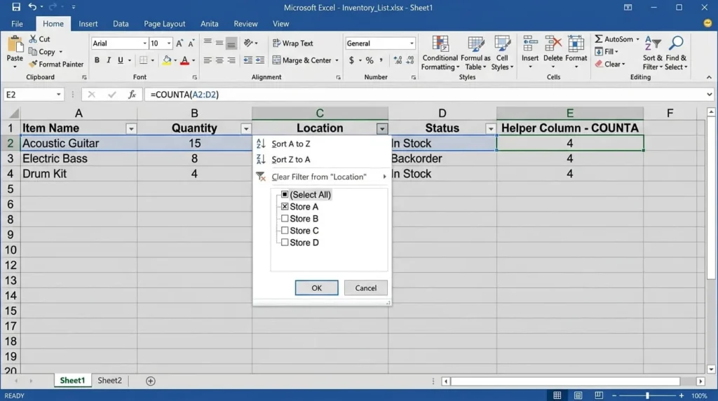 Excel helper column with COUNTA formula used to remove empty rows