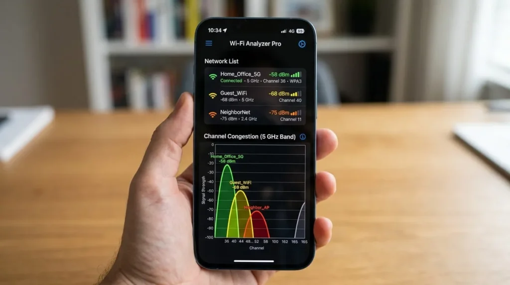 Wifi analyzer app showing channel congestion to help improve wifi signal