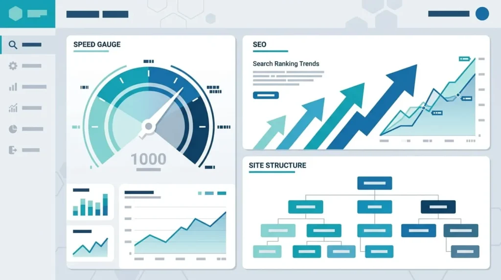 Dashboard illustration representing SEO and performance differences in Webflow vs Framer