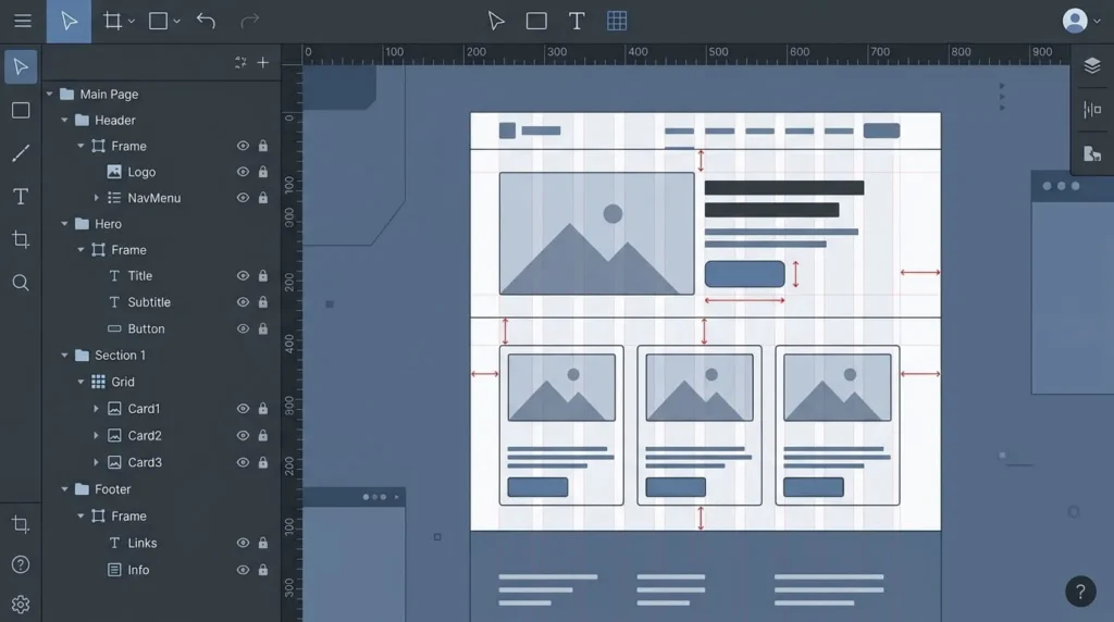 Illustration showing design canvas and layout controls compared in Webflow vs Framer