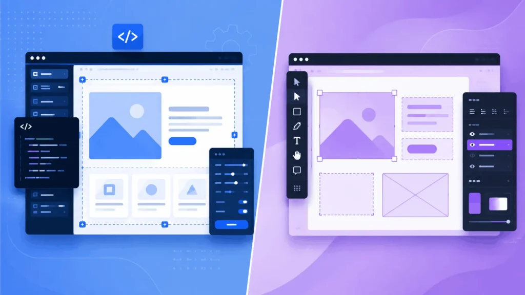 Split screen illustration comparing Webflow vs Framer website building interfaces