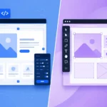 Split screen illustration comparing Webflow vs Framer website building interfaces