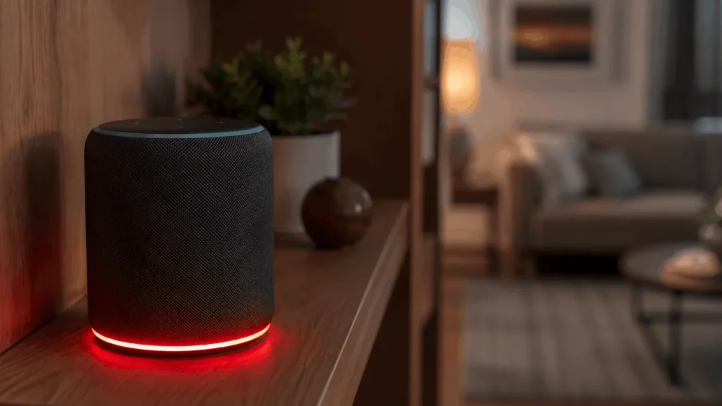 Featured image showing why is my Alexa red with the device glowing red on a shelf