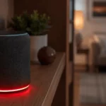 Featured image showing why is my Alexa red with the device glowing red on a shelf