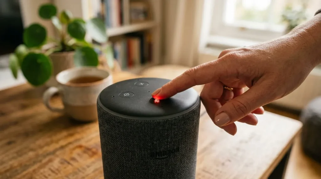 Echo smart speaker showing why is my Alexa red with a solid red light ring on the base