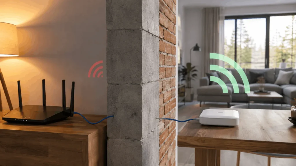 Wi-Fi router and wired access point showing how thick walls and building materials can weaken wireless signal.