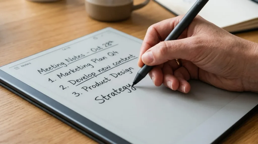 Hand using a stylus to write on a digital notebook e-ink tablet screen