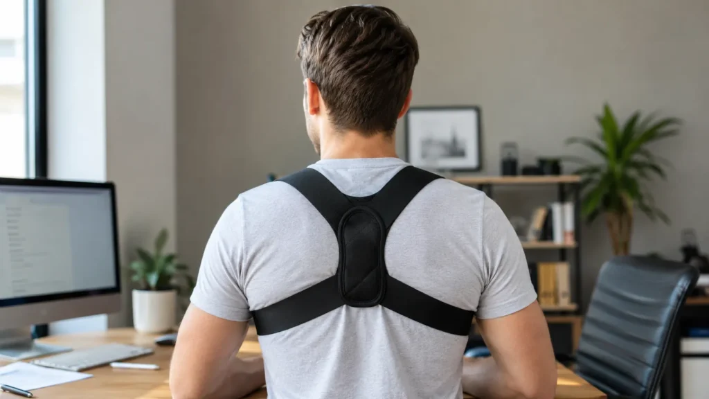Person wearing one of the best posture correctors, a figure-8 style back brace, in an office