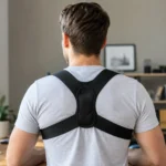 Person wearing one of the best posture correctors, a figure-8 style back brace, in an office