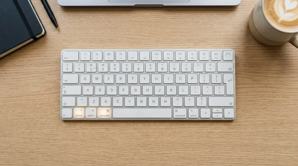 Mac keyboard showing the Control, Command, and Space keys used for the emoji keyboard shortcut