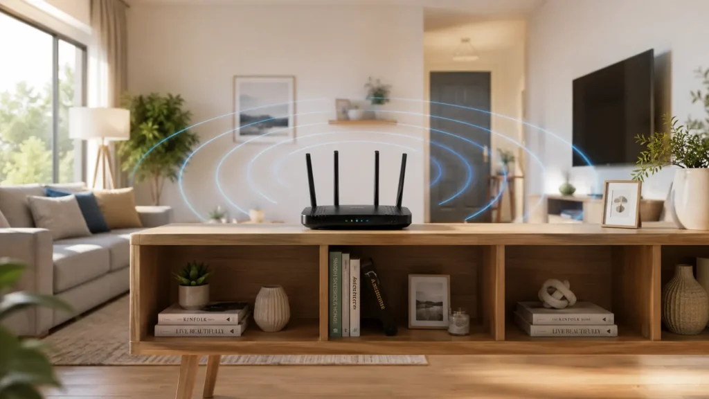 Router positioned centrally in a home to improve wifi signal strength