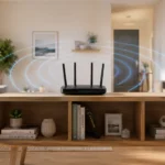 Router positioned centrally in a home to improve wifi signal strength