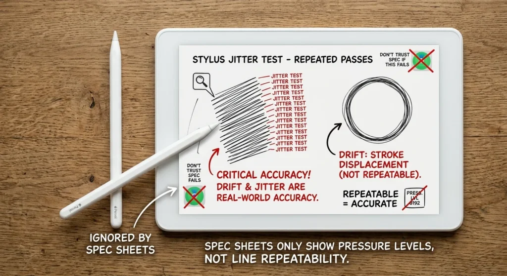 A flat lay photograph on a wooden desk showing a tablet displaying a stylus line jitter and repeatability precision test next to a white digital pen.