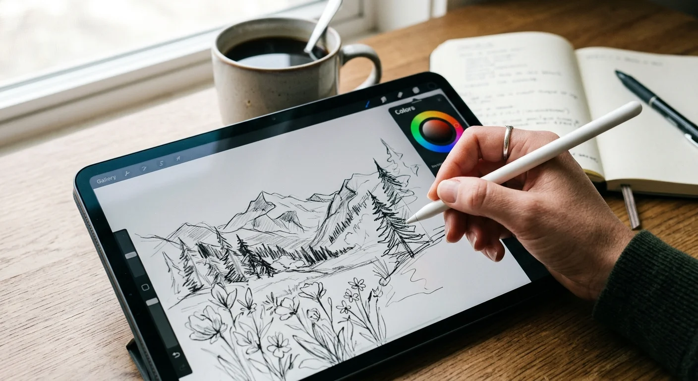 Hand holding an Apple Pencil alternative stylus while sketching on an iPad